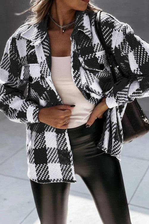 Textured Plaid Shacket in Black/White