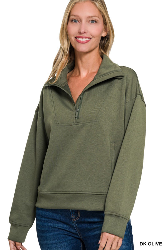 1/2 Zip Scuba Pullover in Dark Olive