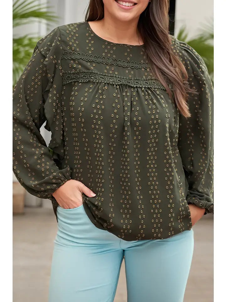 Swiss Dot Ruffle Long Sleeve in Olive