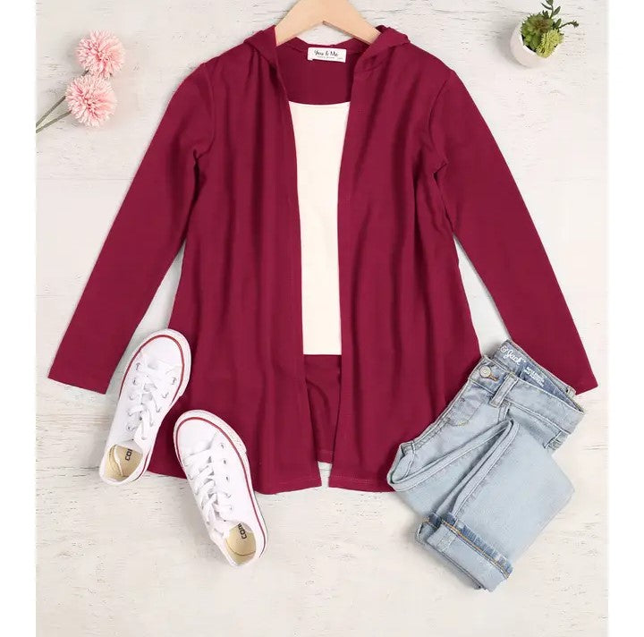 GIRLS Hooded Open Cardigan in Burgundy