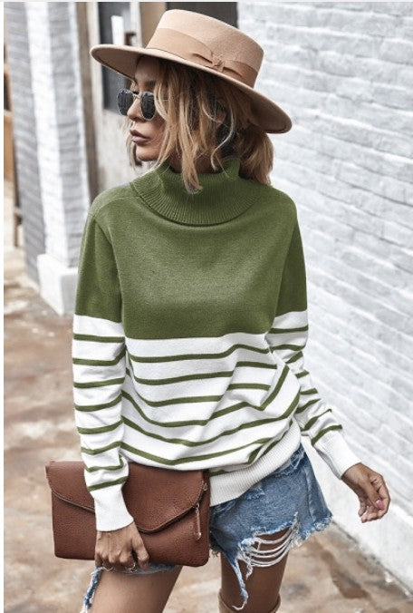 Striped Turtleneck Sweater in Green