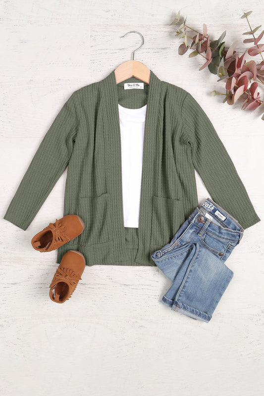 GIRLS Waffle Cardigan in Army Green