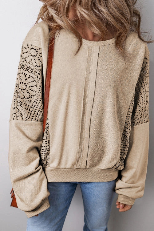 Multi-texture Lace Sweatshirt in Tan