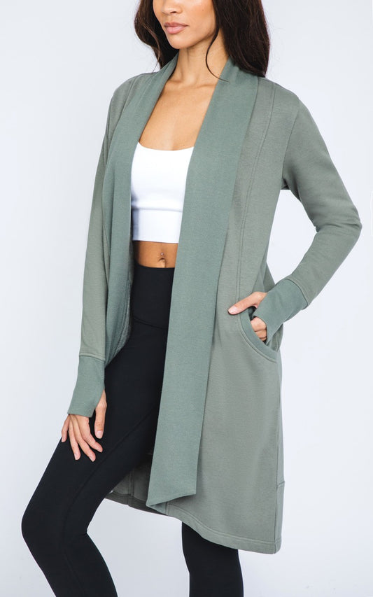 Long Open Cardigan in Mulled Basil