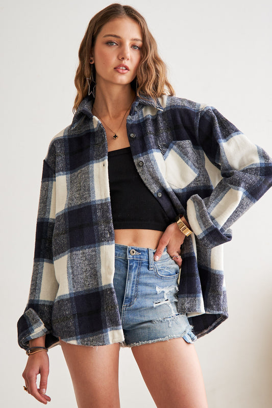 Plaid Shacket in Navy