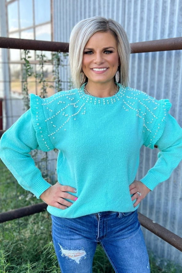 Cropped Pearl Sweater in Turquoise