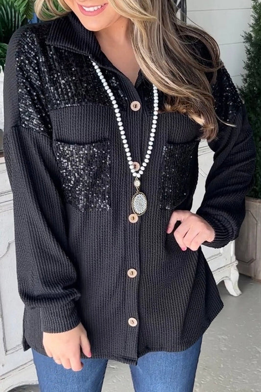 Ribbed Sequin Lightweight Shacket in Black